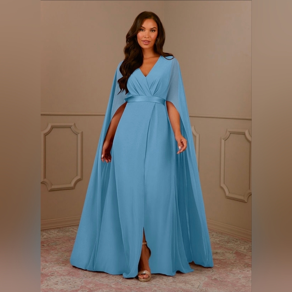 Azazie Isa Steel Blue A-Line V-Neck Pleated Chiffon Dress
